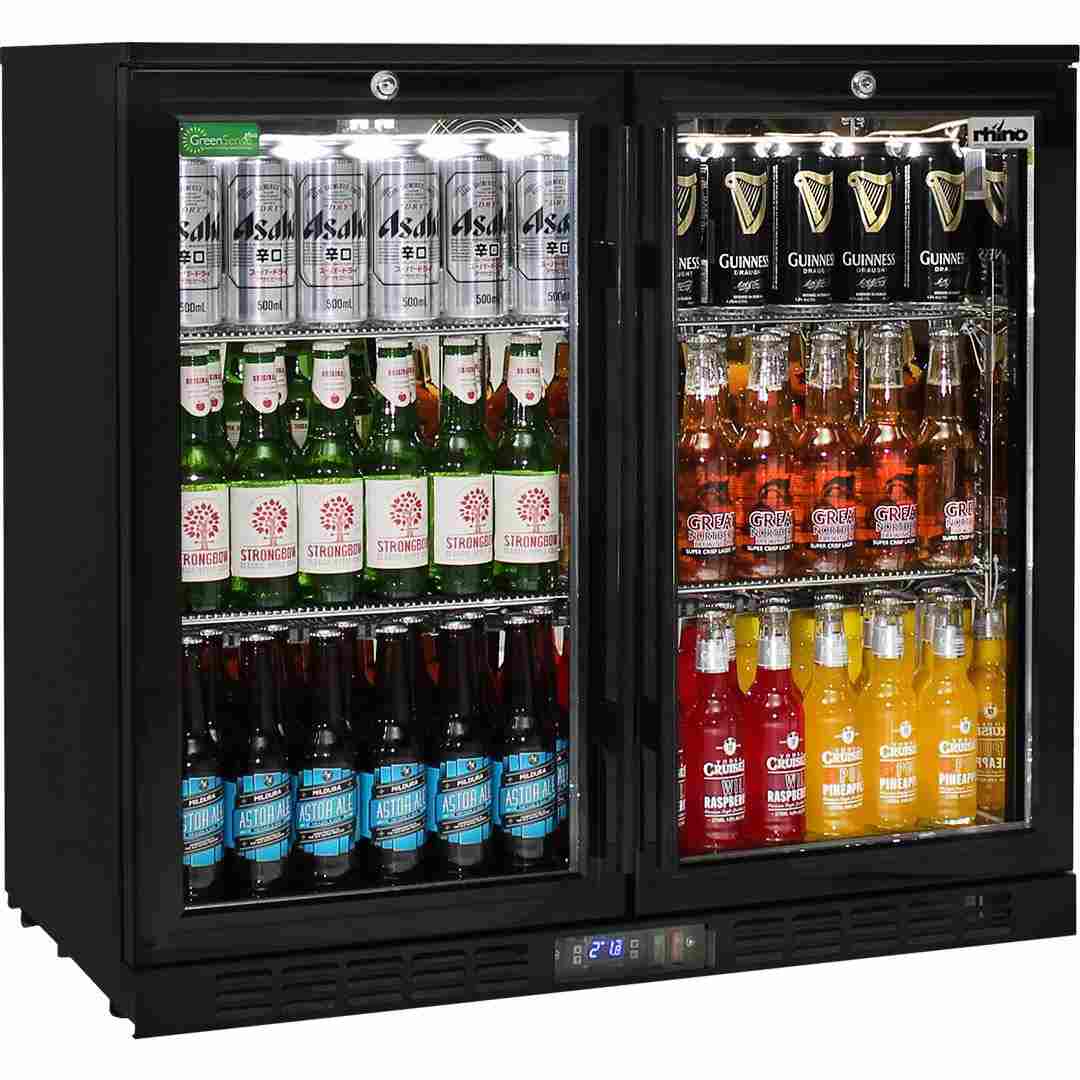 Rhino - Commercial Black Glass Double Door Bar Fridge Energy Efficient