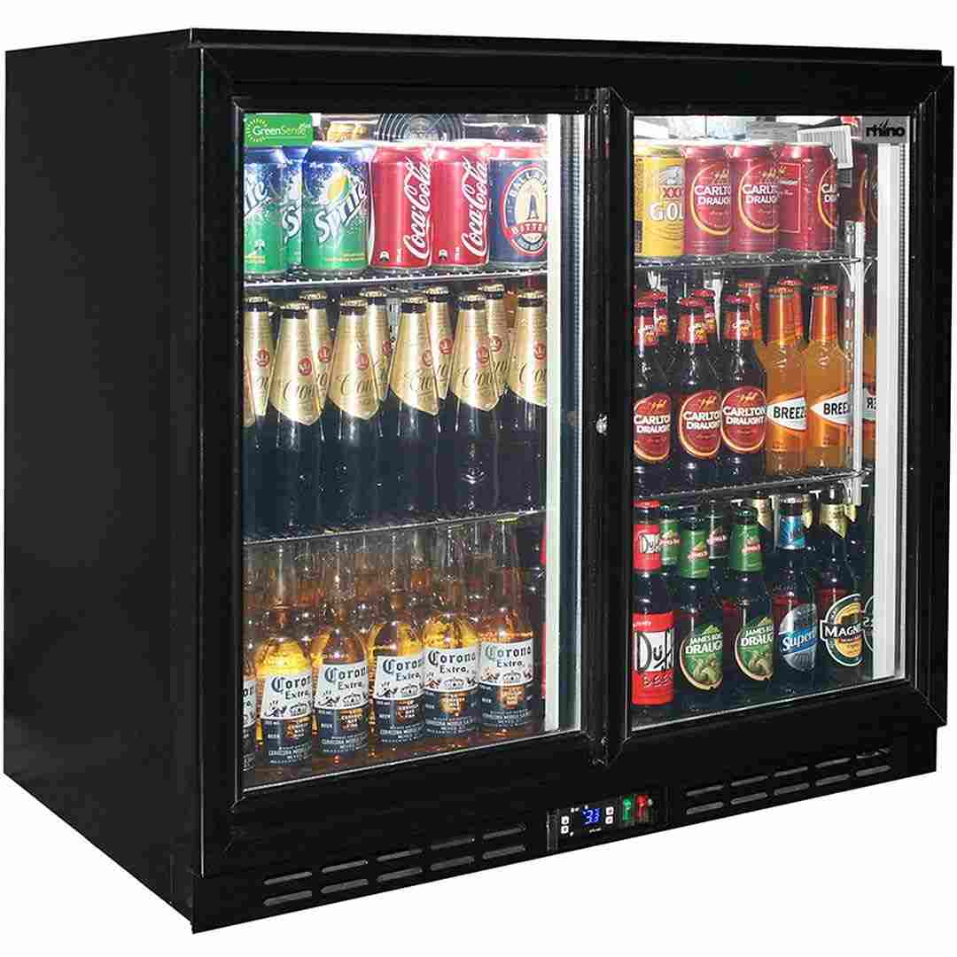 Rhino Black Glass Sliding 2 Door Bar Fridge Energy Efficient LG Compressor