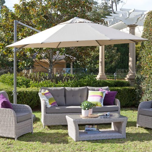 Outdoor furniture with Shelta umbrellas and settings