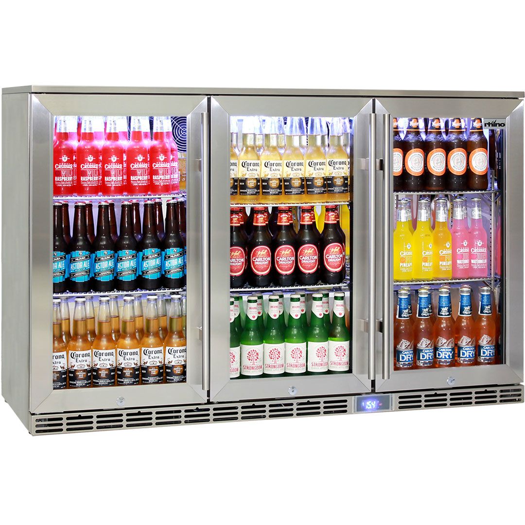 Rhino – GSP Stainless Steel Triple Door Alfresco Glass Door Bar Fridge with IP34 Rating & LOW E Glass – 330L – 865mmH