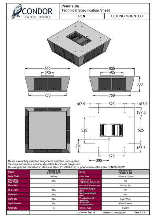 Condor - Peninsula 900mm Rangehood - Triple Motor Island - Top Ducted - Remote Switch - Satin White